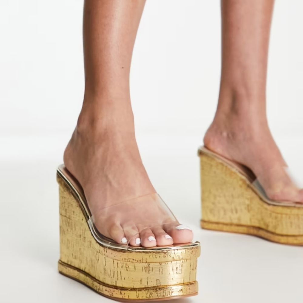 Simmi London Shanda Gold Cork Wedges Sz 7 Hot Sexy Platform Heels Clear Upper - Picture 2 of 4